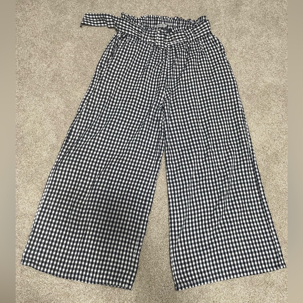 Navy and White Gingham Belted Cotton On Cropped Wide Leg Pants